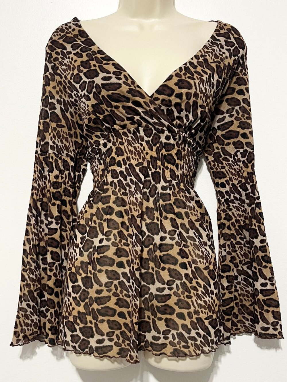 BCBGMaxazria Womens Y2K Babydoll Top XL Leopard Sheer Mesh Mobwife Festival